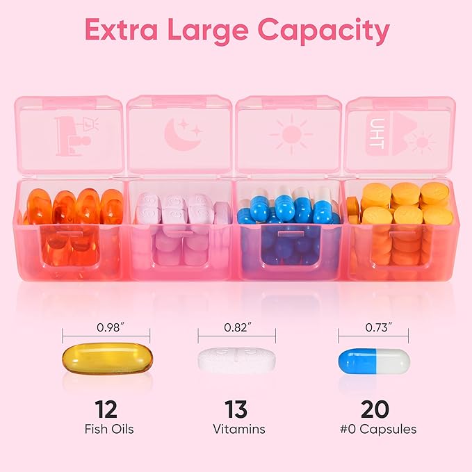 Fullicon Extra Large Weekly Pill Organizer 4 Times a Day, XL Large Pill Box, 7 Day Medicine Organizer, Pill case for Vitamin/Fish Oil/Supplements (Pink)