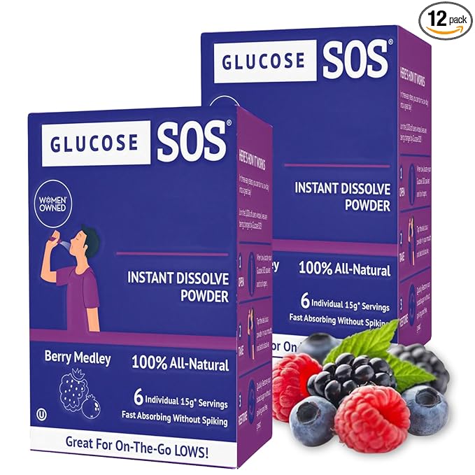 Glucose SOS Glucose Powder Packets with Natural Dextrose, Fast-Absorption That Instantly Dissolves in Your Mouth with No Water Needed, Berry Medley 12 Servings