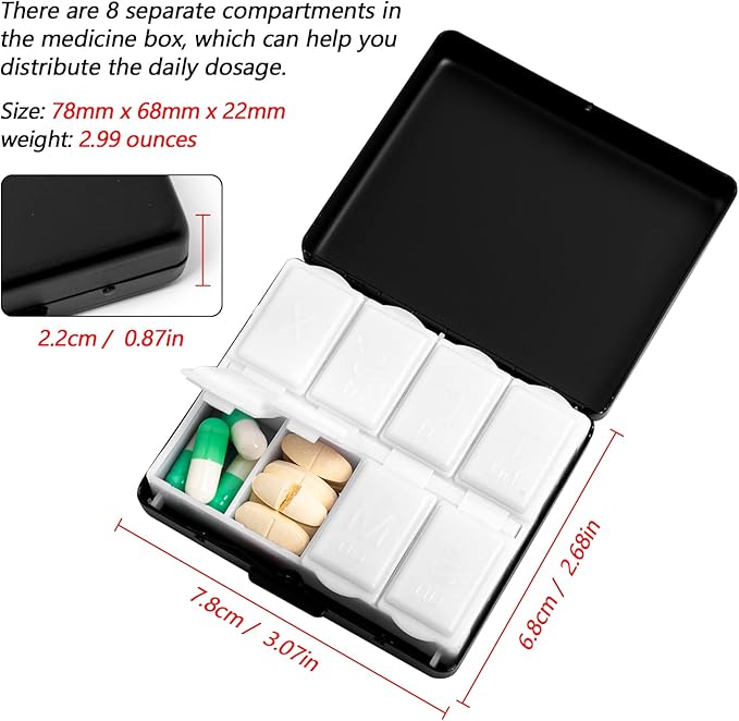 Portable Metal Travel Medicine Box/8 Compartments (Black)