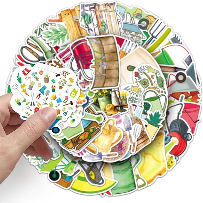 51pcs Garden Tools Stickers, Cartoon Shovel & Watering Can Pattern Decals, Waterproof & Durable for Gardening Journal, Flower Pot, Party Decoration