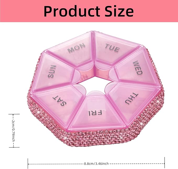 Round Pill Organizer Small Weekly Pill Case for Purse Bling Cute Medicine Pill Box Compact Vitamin Container 7 Day Daily Pill Holder Planner(Pink)