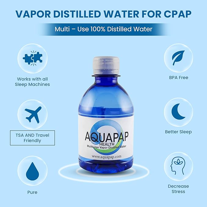 AQUAPAP 8 Ounce 24 Pack Vapor Distilled CPAP Water | 1-2 Nights per Bottle | for use with Resmed and Respironics Machines