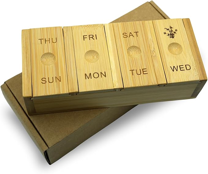 7-Day Bamboo Weekly Pill Organizer for Medicine Supplement, Arthritis Friendly Wood Pill Case Box for Vitamin, Daily Portable Travel Pill Holder Dispenser Container Keeper