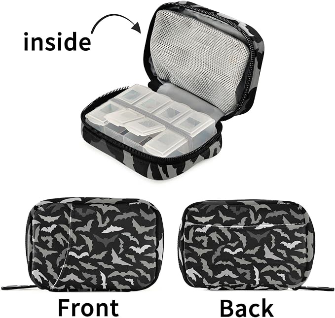 Pill Box Halloween Bats 7 Day Pill Case Travel Pill Organizer Bag with Zipper Portable Weekly Vitamin Medicine Supplement Holder Pouch Bag
