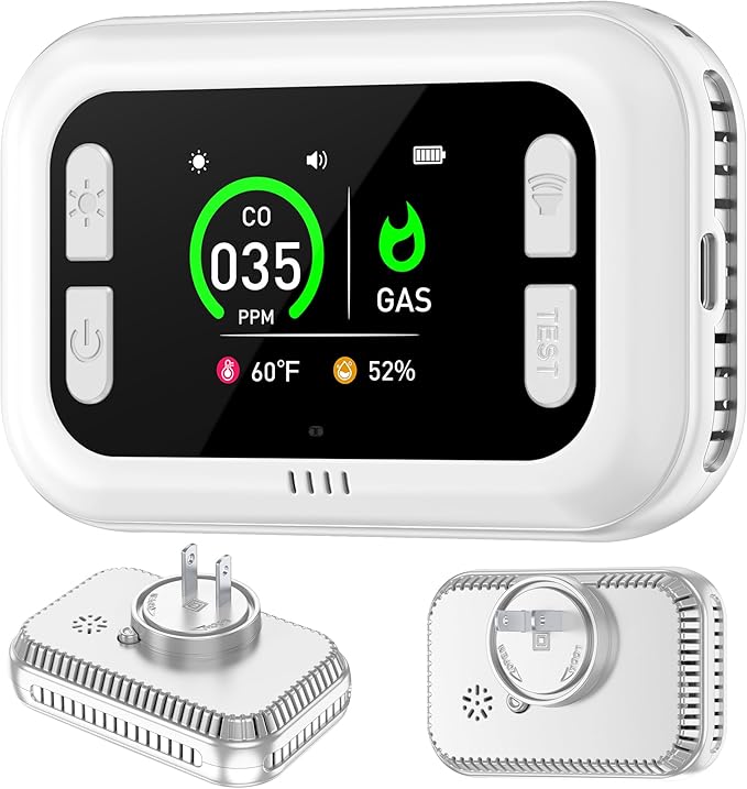Plug in 5in1 Carbon Monoxide Detector & Combustible Natural Gas Combination Builti-in Backup 1000mAh Battery & HD Screen [CO Gas Temp Humidity Sensors] for Home Kitchen Hotel (1Pack, White)