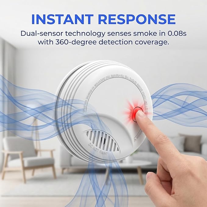 9 Pack Photoelectric Smoke Detector with 9V Battery Included Smoke Alarm, 10-Year Sensor, Test/Silence Button, Low Battery Warning, Easy Mount, Fire Alarm for Home Bedroom Living Room