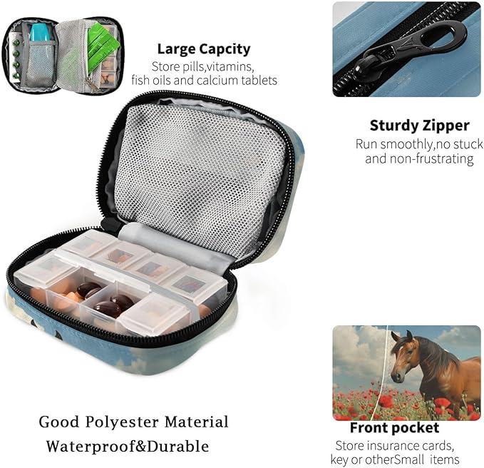Fustylead Mane Horse Walking in Poppy Flower Field Pill Organizer Case with Zipper 2 Times A Day for Vitamin and Supplement, 7 Day Travel Organizer Medicine Case