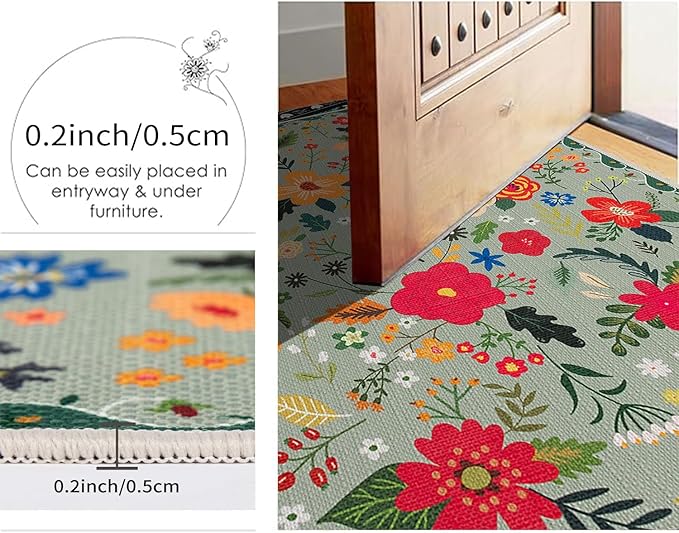 Floral Kitchen Rug Sets of 2, Boho Non Slip Washable Kitchen Mats for Floor, Spring Floral Kitchen Runner Rug for Hallway Laundry Sink 17x30 and 17x47 Inch, Green