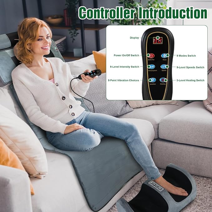 Full Body Massage Mat with Heat, Vibration Massage Pad with Detachable Shiatsu Neck Massager & Foot Massager, Inflatable Head Pillow and Lumbar Pillow, 10 Vibration Motors 3 Timers for Home Use