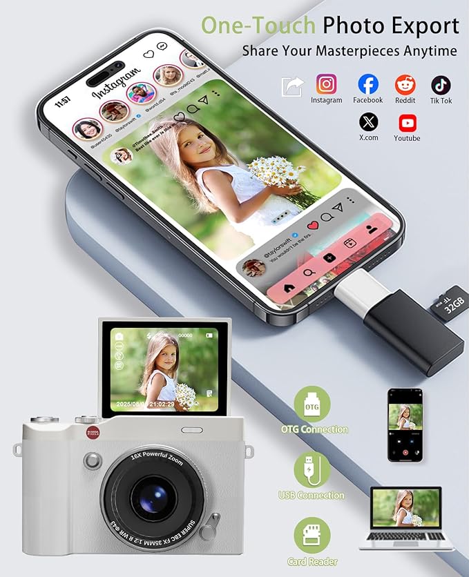 Kids Digital Camera 64MP 1080P 2.4" Flip Screen 32GB SD Card Camera for Kids Girls Toys 3-12 Year Old Girl Gifts