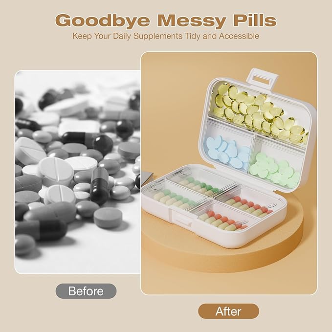 Travel Pill Box, Double Layer 7-Compartments Large Pill Organizer, 4.3" x 3.1" x 1.4" Portable Weekly Pill Case Container for Pocket, 7 Day Compact Medicine Holder for Vitamins, Fish Oils White