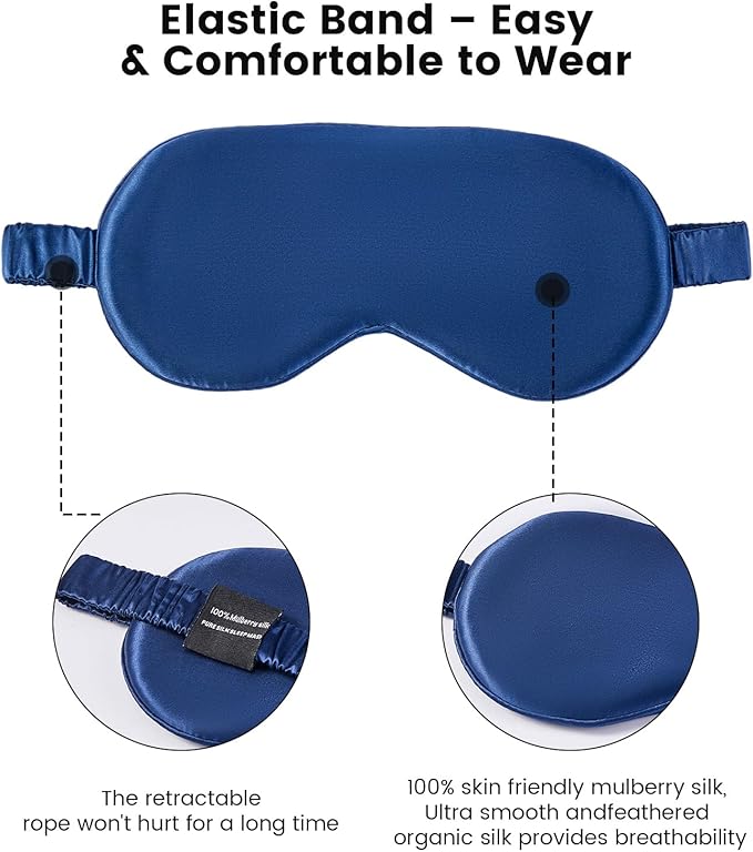 Formé & Found Luxury Silk Sleep Mask, 100% 6A Mulberry Silk Eye Mask for Sleeping, 22 Momme Weighted Sleep Mask for Men & Women, Eye Mask for Sleep, Blackout Sleeping Mask（Navy Blue）