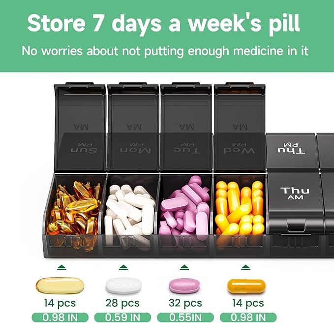 7 Day Extra Large Pill Organizer 2 Times a Day, Weekly Pill Box Twice a Day, XL AM PM Pill Case, Oversized Daily Medicine Organizer for Vitamin, Big Pill Container (Black)