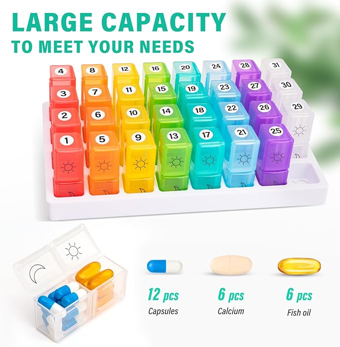Monthly Pill Organizer 2 Times a Day, 31 Day Pill Box AM PM with Pill Cutter & Travel Bag, Portable Soft One Month Pill Box Cases with Weekly Stickers, Convenient Medication & Vitamins Tracking
