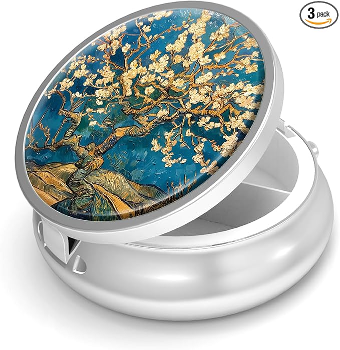 Pill Box-3 Compartment Small Pill Case for Purse & Pocket Mini Metal Pill Holder Travel Pill Container to Hold Supplements Vitamins BPA-Free (Almond Blossom-Van Gogh)
