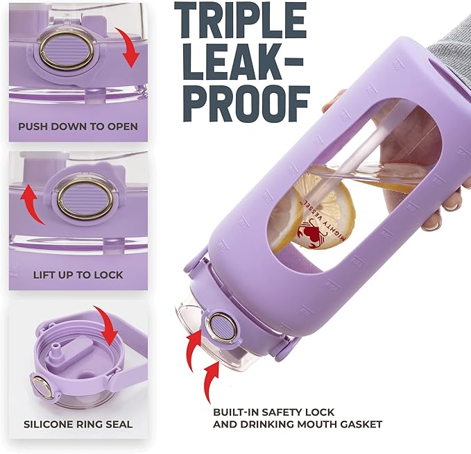 64 Oz Water Bottle with Time Marker & Straw - Violet Pregnancy 2 Liter Glass Water Bottles with Measurements - Daily intake bottle - Leakproof Borosilicate jug