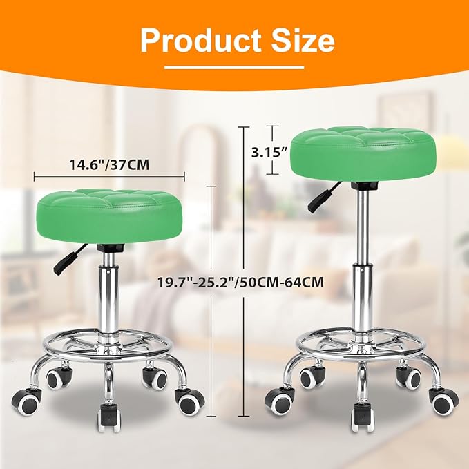 Rolling Stool PU Leather Round - Ultra Soft Padded Seat Cushion Stool with Wheels with Footrest, Weight Capacity 300lb,Adjustable Height Stool for Tattoo Massage Salon Medical Spa Center (Green)