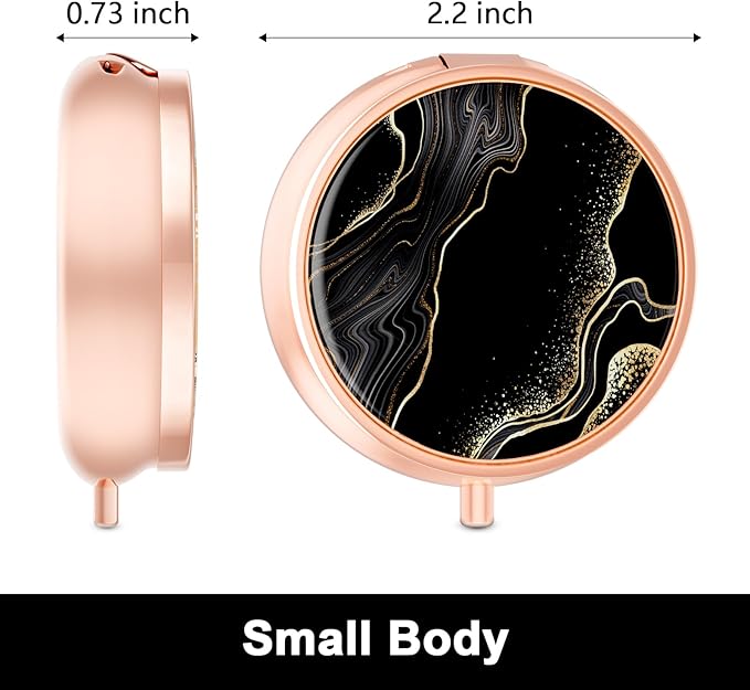 Rouidr Pill Box, 3 Compartment Medicine Pill Case, Small Metal Travel Medicine Box for Purse & Pocket, Rose Gold, Luxury Black Marble