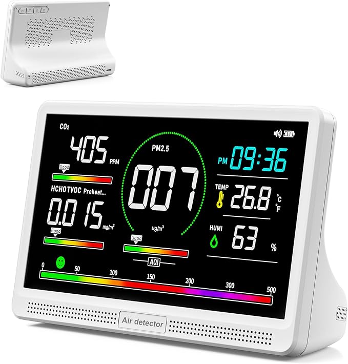 16 in 1 Air Quality Monitor Indoor 7" Display 9 AQI+7 AQI Alerts,Portable Air Quality Tester CO2, TVOC, PM2.5 PM1.0 PM10, HCHO Temperature Humidity Temp & Time Air Quality Meter for Home