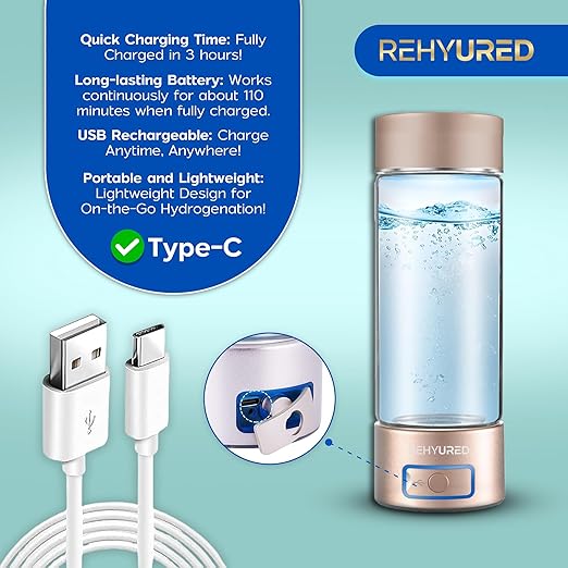 Hydrogen Water Bottle Generator - Hydrogen Water Bottle with Up to 6000ppb, 400ml Glass, Lightweight and Portable Design, Rechargeable USB/Battery/Electric Power, Gold/Silver (Silver)