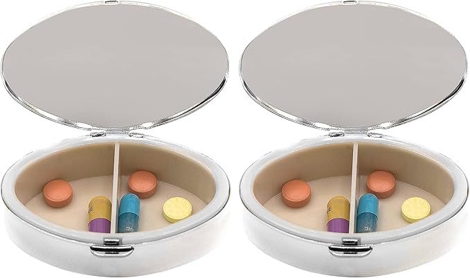 Set of 2 Oval-Shaped Pocket Purse Pill Box & Organizer with Dual Compartments (Gold on Silver)