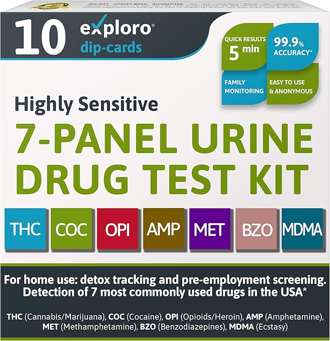 Exploro 7 Panel Drug Test Kit – at Home Urine Drug Test for THC, Cocaine, Opiates, Amphetamines, Benzodiazepines, MDMA & Methamphetamines – Easy & Accurate at Home Drug Testing Strips (Pack of 10)
