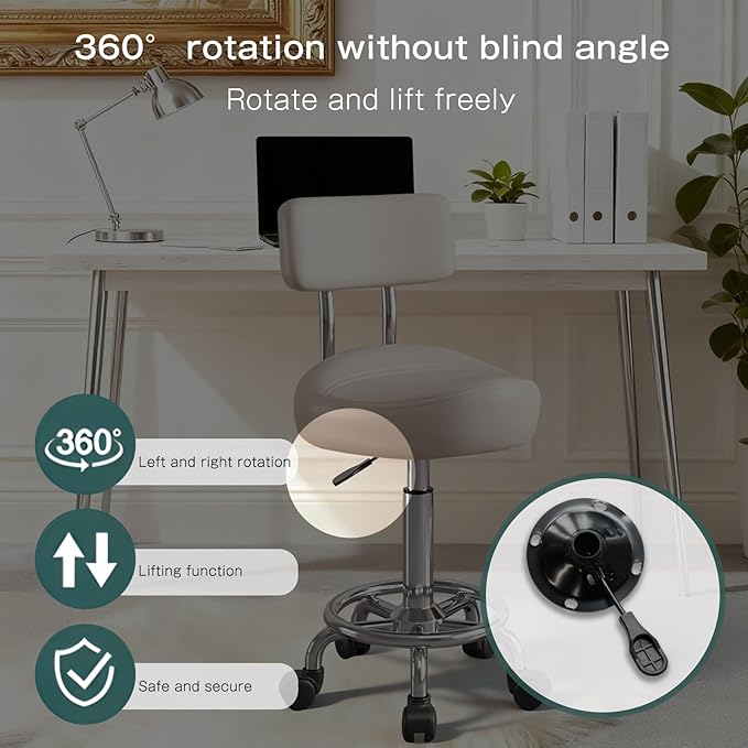 Saddle Stool with Back and Ring Pedal, Adjustable Hydraulic Rolling Chair with Wheels for Salon, Spa, Medical, Massage & Drafting Use White