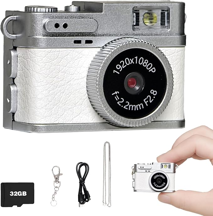 Mini Digital Camera, Retro Camera, 1080P Tiny Keychain Camera with 32GB Card, Small Nostalgia Pocket Video Recorder Photo for Travel Hiking Recording(White)