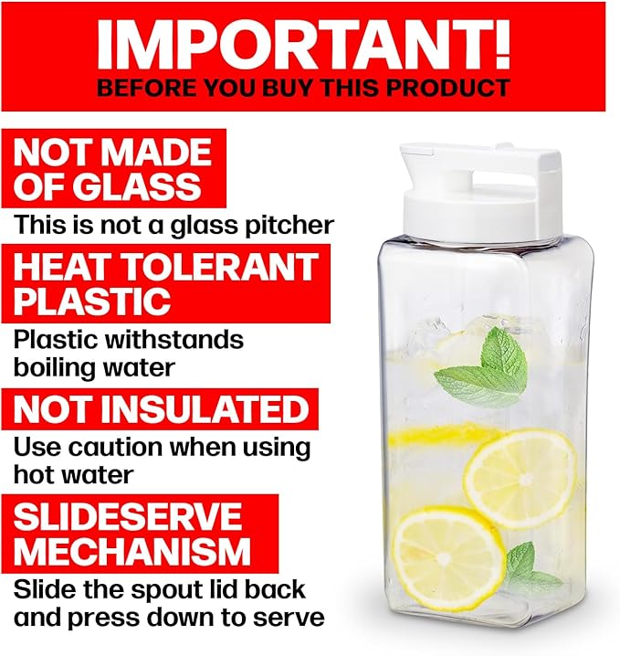 Lustroware SlideServe Slim Airtight Pitcher - 2.1L (70oz), Heat Resistant, BPA-Free SAN Plastic, Space-Saving, Made in Japan - White