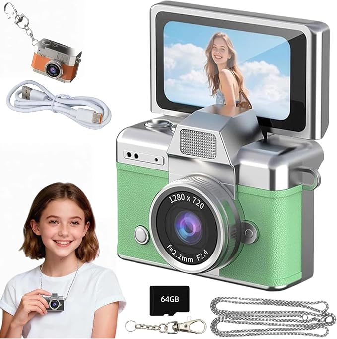 Mini Digital Camera Keychain Retro Mini Digital Video Camera Small 1080P FHD Recording with 0.96" IPS Screen with 6 Retro Filters AVI Format-Ideal for Phone Transfer (64GB, Green)