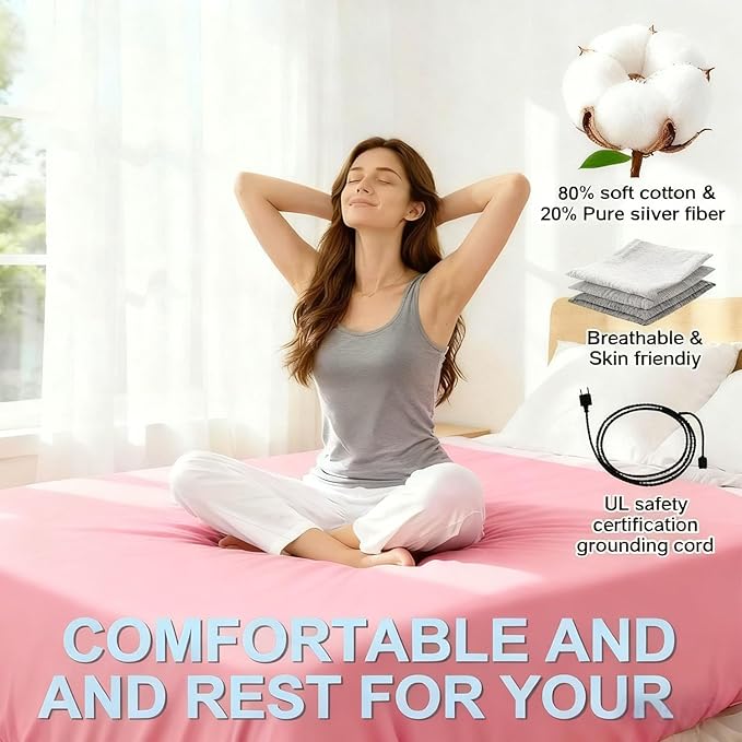 Grounding Sheets Queen Size, 20% Pure Silver Fiber + 80% Organic Cotton, Grounded Sheet Earth Connected Bedding Fitted Earth Sheets with Grounding Cord
