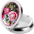 Pill Box Cute Small Pill Box for Purse & Pocket Medicine Organizer Travel Pillbox Waterproof Pill Case Metal Pill Container Holder for Vitamins, Fish Oil, Supplements (Silver Peony)