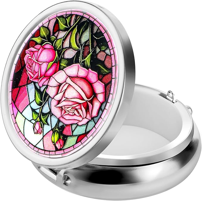 Pill Box Cute Small Pill Box for Purse & Pocket Medicine Organizer Travel Pillbox Waterproof Pill Case Metal Pill Container Holder for Vitamins, Fish Oil, Supplements (Silver Peony)