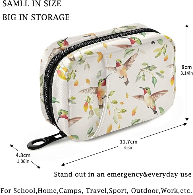 Fustylead Beautiful Hummingbirds and Leaves Pill Organizer for Purse, Weekly Portable Pill Box with Zipper to Storage Vitamins Fish Oils Medications Supplements