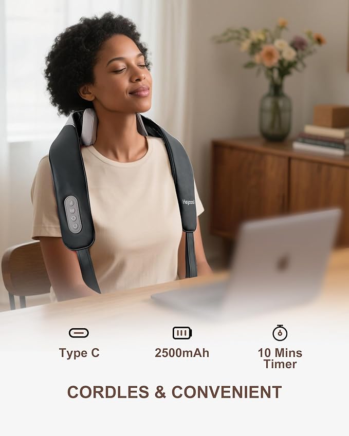 4D Shiatsu Neck Massager with Heat, Cordless Back and Neck Massager, 3 Speeds & 3 Heating Level, Lightweight Portable Shoulder Massager for Tech Neck & Commuters, Gifts for Men Women