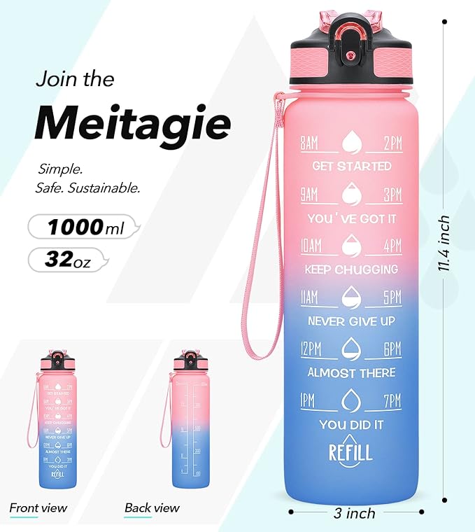 1 litre Motivational Fitness Sport Water Bottle with Straw & Time Maker, Leak-proof, BPA-free, Tritan, Toxin Free Plastic Drink Bottle Design for Girls, Boy, Cycling, School & Office