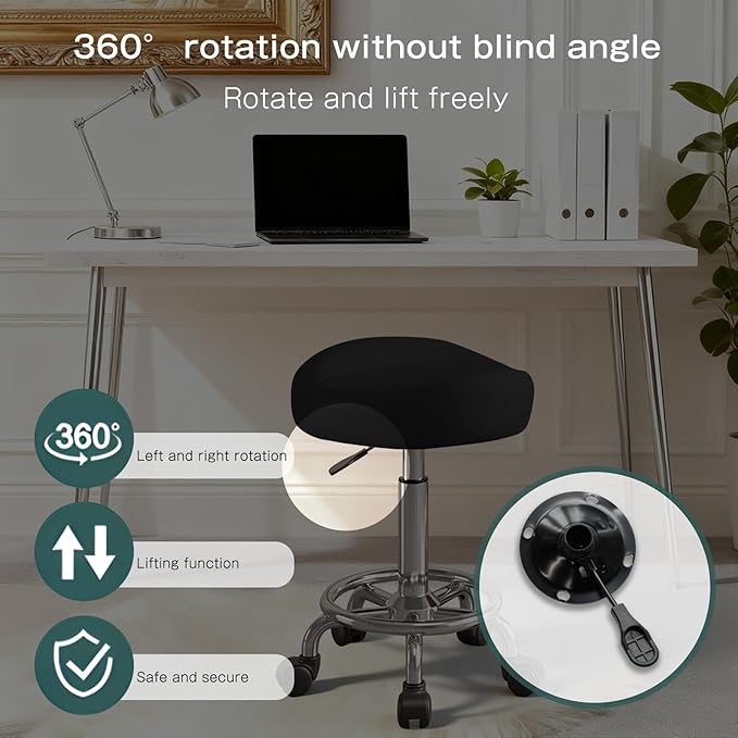 Saddle Stool, Adjustable Height Ergonomic Swivel Chair with Wheels, PU Leather Saddle Seat with Ring Pedal for Salon, Massage, Clinic, Lab, and Office