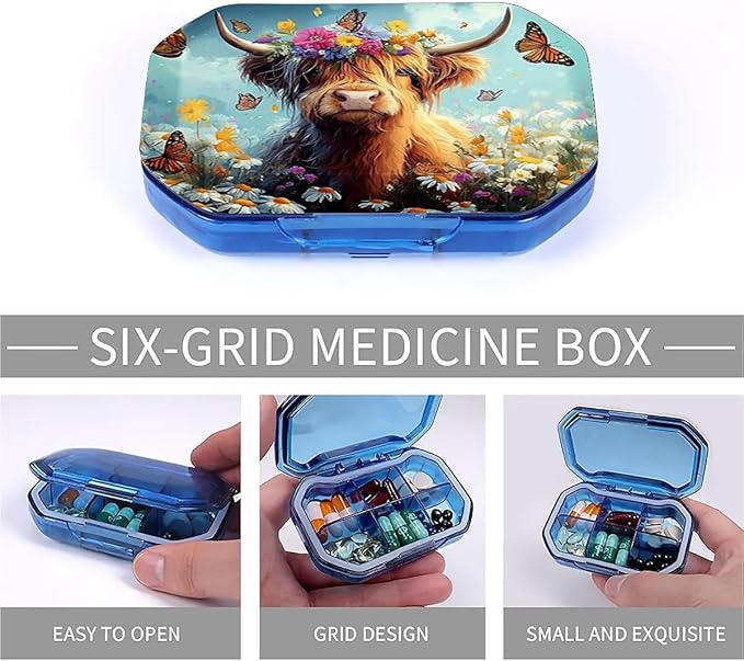 This Portable Cute Cow Among The Butterfly Flower Pattern 6 Compartment Pill Box Can Be Placed in A Pocket Or Wallet to Store Vitamins, Medicines Health Supplements Other Medications.