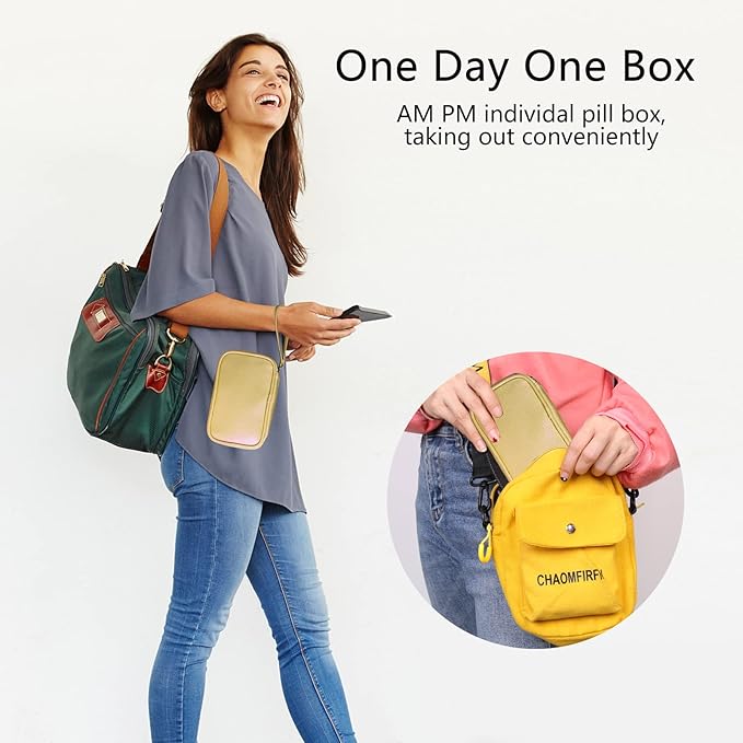 Weekly PU Leather Pill Bag Organizer Case 2 Times a Day, AM PM Daily Pill Box to Hold Vitamin, Fish Oil, Supplements and Medicine (Gold)