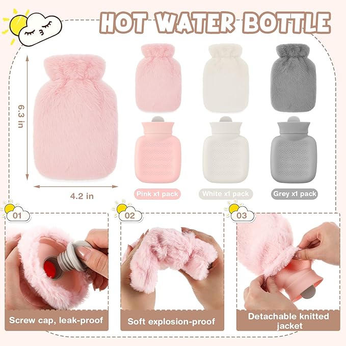 Amylove 3 Pcs Mini Hot Water Bottle for Hot & Cold Compress with Cover 320ml Silicone Microwave Heating Bottles Small Water Bag for Travel Holiday Gift (Pink, Gray, White,Plush)