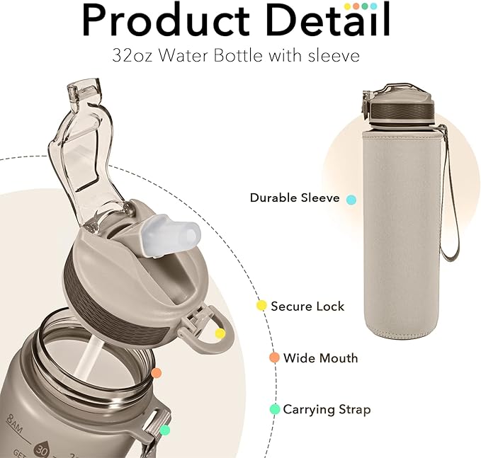 Water Bottle with Straw, Motivational 32 oz Water Bottles with Time Marker & No Sweat Sleeve, BPA Free Leak Proof Gym Bottle with Times to Drink