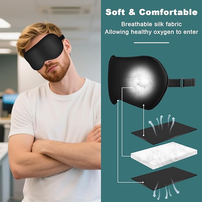 Sleep Mask for Side Sleeper Women Men, Eye Mask for Sleeping Light Blocking, 3D Contoured Cup Sleeping Mask, Soft Breathable Sleep Eye Mask with Adjustable Elastic Strap for Travel (Black01)