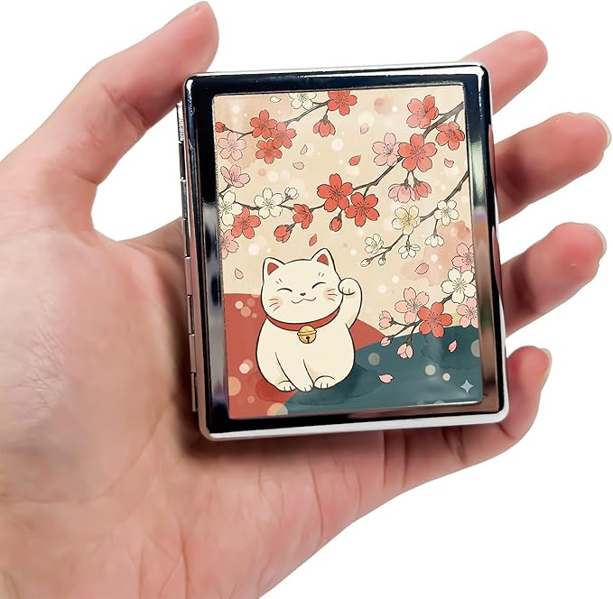 Metal 7 Day Pill Organizer, Weekly Pill Case with 8 Compartments, Travel Pill Box for Purse & Pocket, Small Medicine & Vitamin Organizer with PP Dividers (Sakura Lucky Cat)