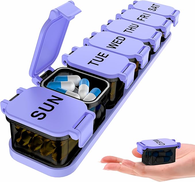 Extra Large Weekly Pill Organizer - XL Vitamin Holder with 7 Detachable Compartments, Portable Medicine Pill Organizer for Supplements, Daily Pill Case for Home and Travel,Purple