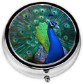 Beautiful Peacock Printed Round Travel Pill Box Cute Small Metal Pocket Pill Case for Men & Women 3 Compartment Portable Pill Organizer for Purse or Pocket