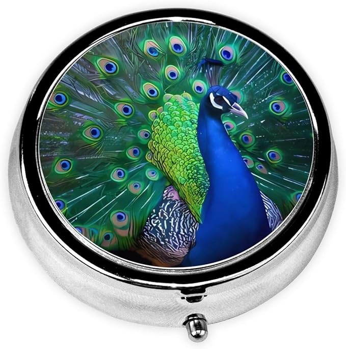 Beautiful Peacock Printed Round Travel Pill Box Cute Small Metal Pocket Pill Case for Men & Women 3 Compartment Portable Pill Organizer for Purse or Pocket