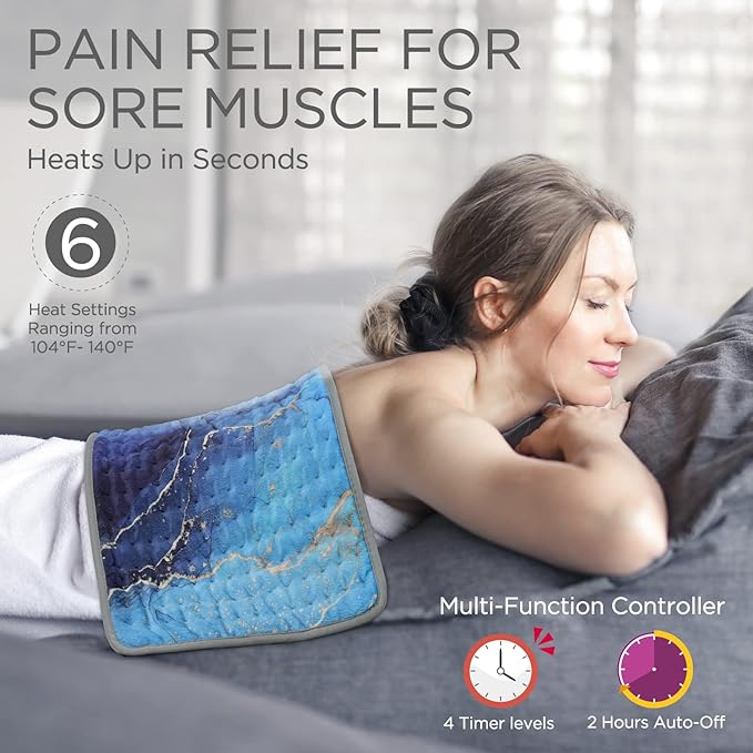 [2024 Upgrade] XL Heating Pad for Back/Shoulder/Neck/Knee/Leg Pain, Cramps and Arthritis Relief, 6 Fast Heating Settings, Auto-Off, Machine Washable, Moist Dry Heat Options, 12"x24" (Ocean)