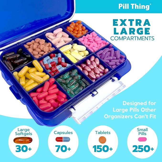 2-Pack Large Pill Organizer – Blue + Clear | 12-Compartment Weekly Pill Box Case with Removable Dividers, Waterproof, Travel-Friendly (Combo Pack - 1 Blue & 1 Clear)