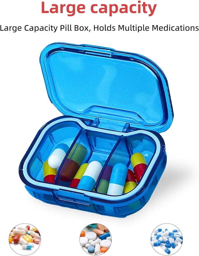 1 Pack Travel Pill Organizer for Purse, 3 Compartment Pill Organizer for Travle, Compact Mini Pill Case for Travle, Small Pill Box for Purse, Pocket Pill Case, Pill Box Compact
