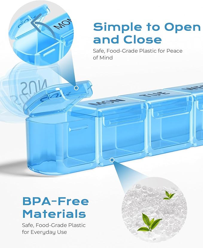 Daviky Weekly Pill Organizer, Large 7 Day Pill Box, Travel Pill Case, Daily Pill Dispenser for Vitamins, Medicines, Supplements, and Fish Oil(Blue)